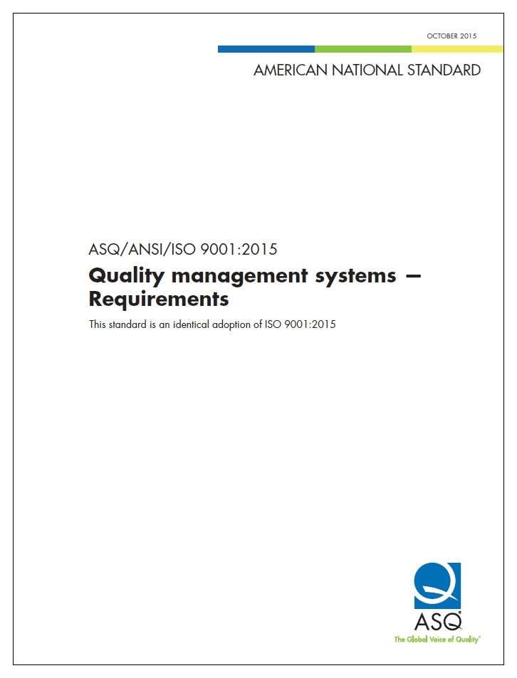 ASQ/ANSI/ISO 9001:2015 cover with black border