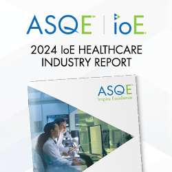 A promotional graphic for the '2024 IoE Healthcare Industry Report' by ASQE. The top features the ASQE and ioE logos in blue and green, followed by the report title in bold black text. A partial view of the report cover is shown, angled slightly, with the ASQE logo and the phrase 'Inspire Excellence' visible. The cover image depicts two individuals in a modern control room or laboratory, working at computers displaying charts and data. The background is light gray with a clean, professional design.