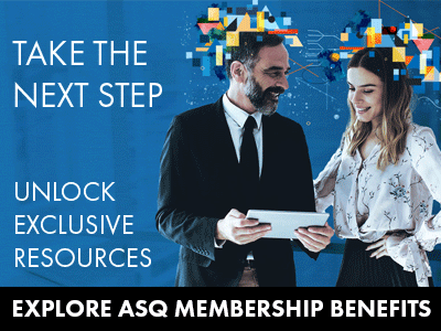 Image of man and women in discussion. Reads Take the Next Step, Unlock Exclusive Resources, Explore ASQ Membership Benefits