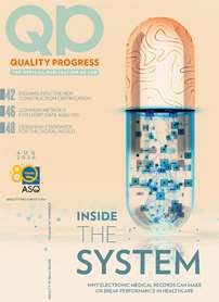 Quality Progress cover with a large pill that is peach on top and shades of blue on the bottom