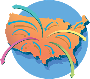Icon of United States with arrows pointing to various locations
