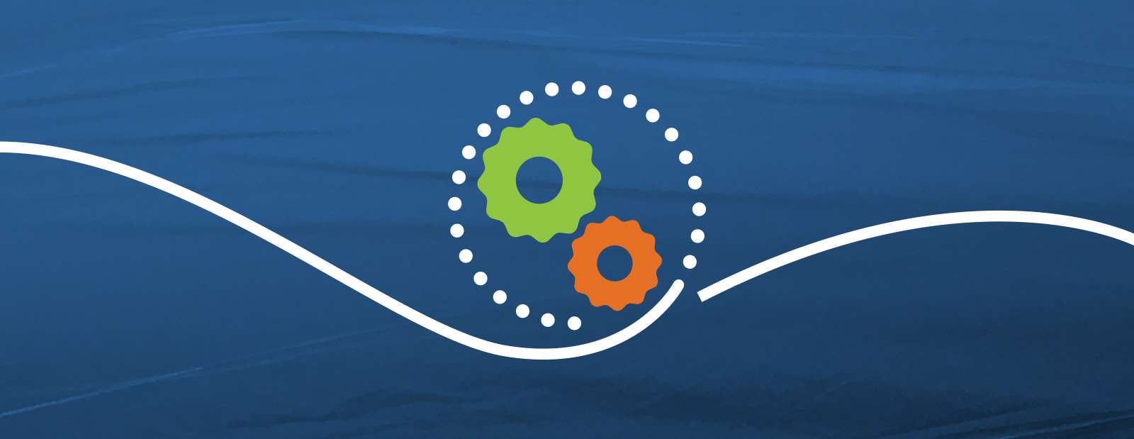 Graphic illustration of a circle with two cogs aligned with a blue background