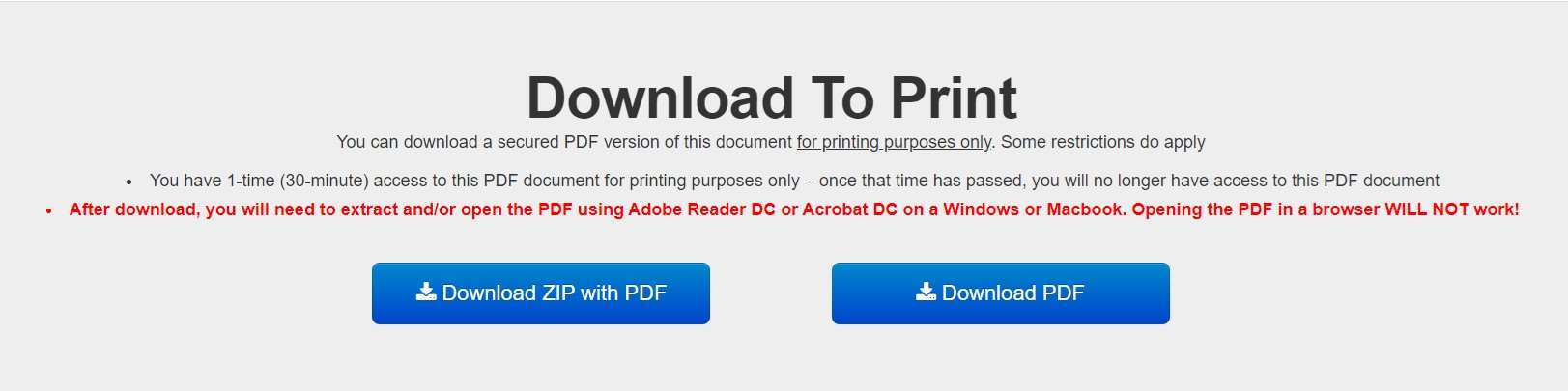 Screenshot of Download to Print message