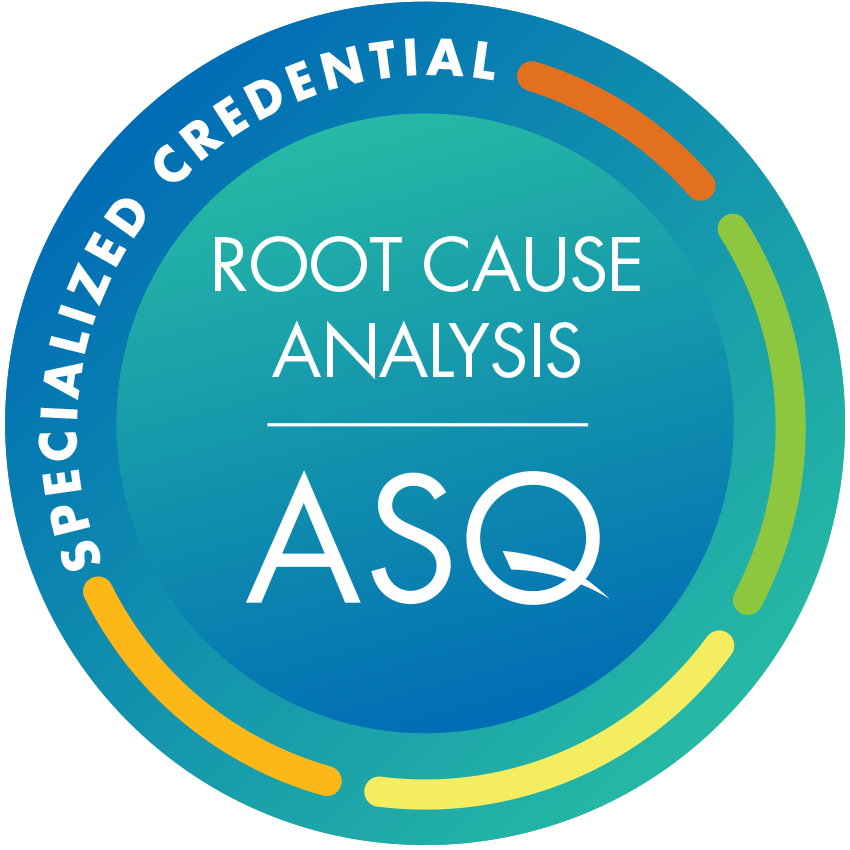 The Root Cause Analysis specialized credential digital badge that learners receive when they pass the specialized credential exam. Badge is circular with primarily blue and green tones.