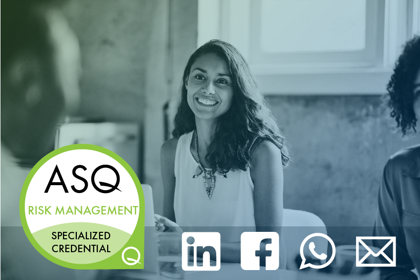 smiling woman with long brown hair sitting at a table with coworkers image has risk management digital badge and popular social media icons overlaid