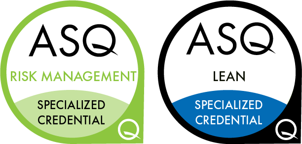 green asq risk management badges and blue and black lean specialized credential badge