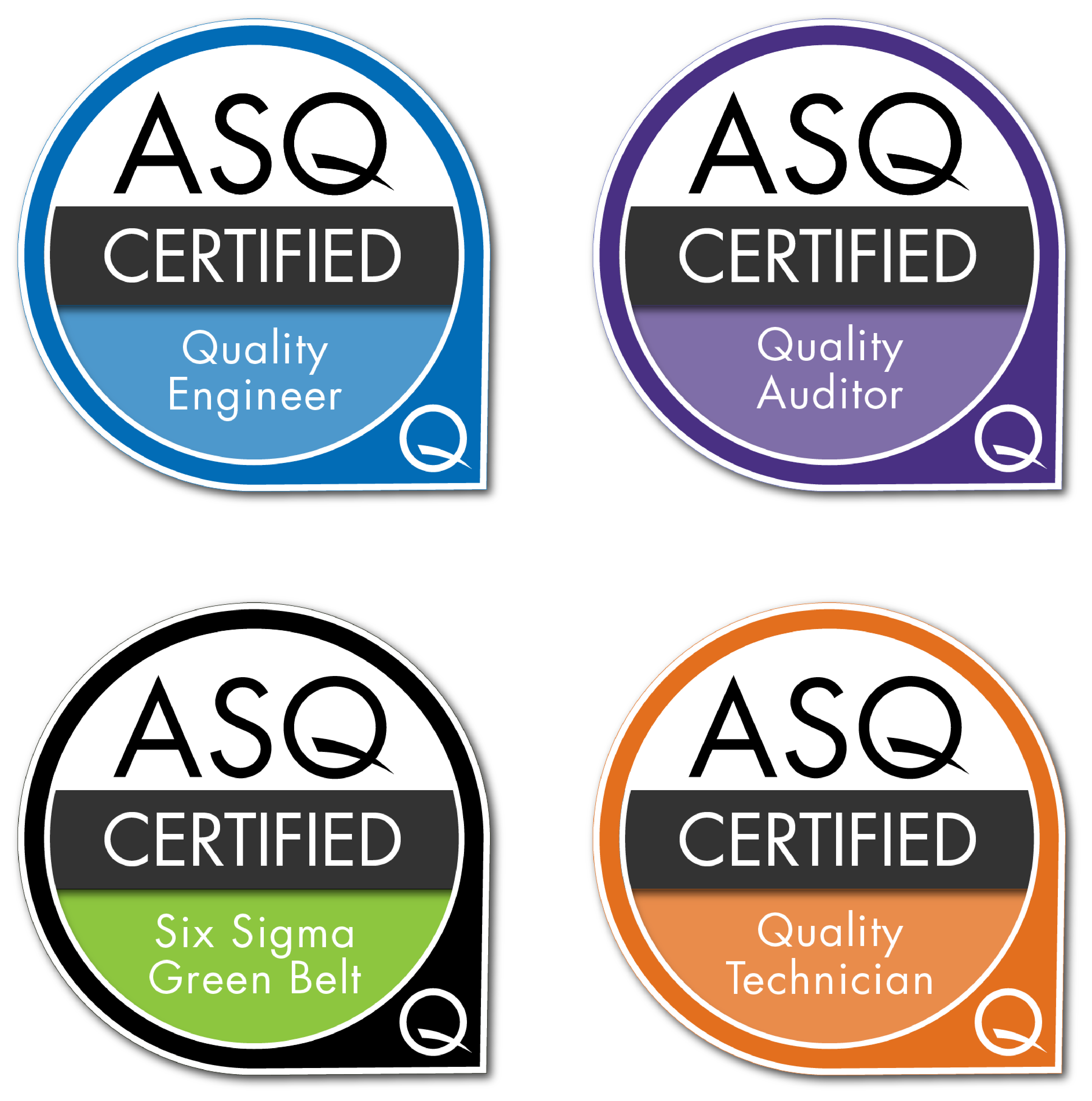 grid of four ASQ certification digital badges includes a blue CQE badge purple CQA badge green ssgb badge and orange CQT badge