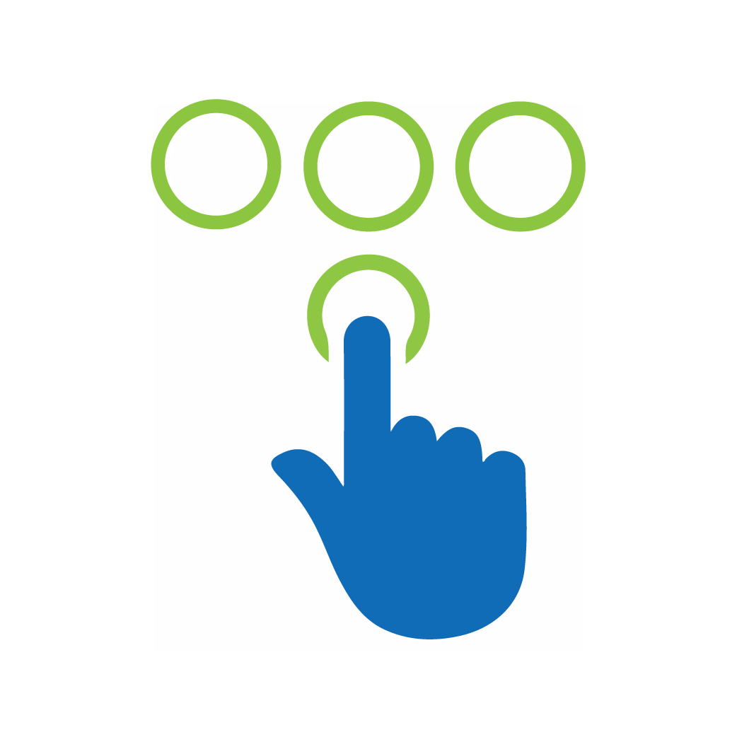 illustrated blue line icon of a hand with extended finger pointing at one of several buttons represents user making a choice from one of many options
